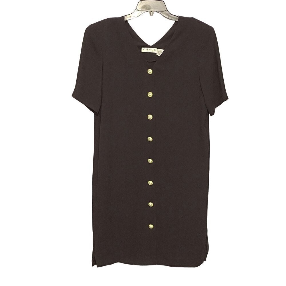 Chaus Black Straight Shift Dress Button Down Pearl & Gold Buttons Women's Size 8
